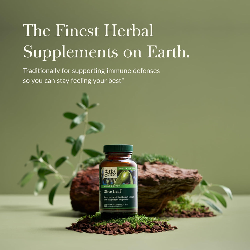 Close-up of Gaia Herbs Olive Leaf Immune Support bottle with capsules