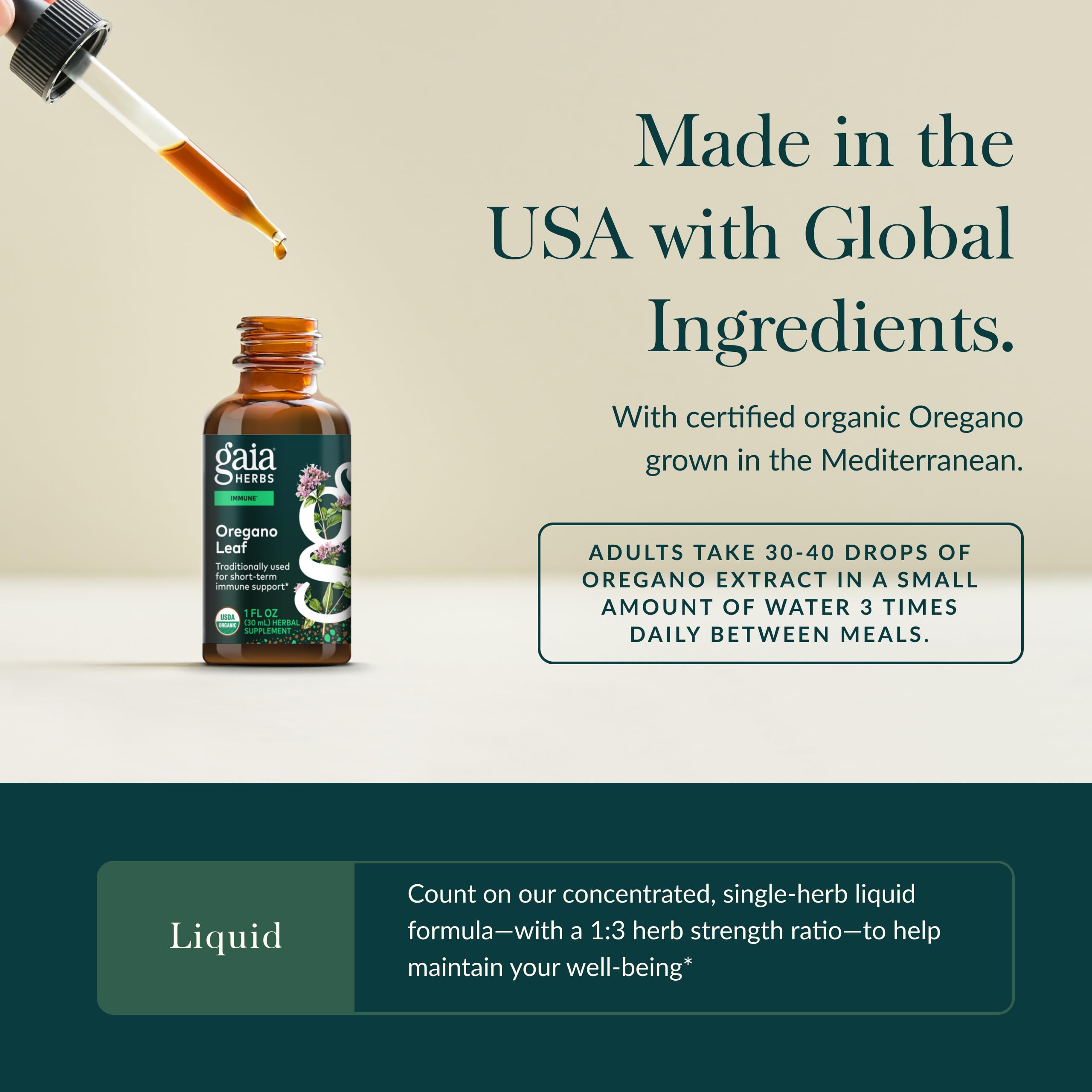 Oregano leaf product bottle showing 23 servings