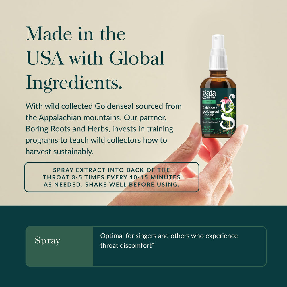 Organic throat spray packaging by Gaia Herbs