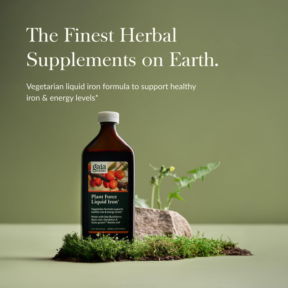 Gaia Herbs Plant Force Liquid Iron bottle back with nutrition information