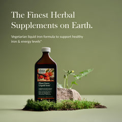 Close-up of Gaia Herbs Plant Force Liquid Iron label highlights natural ingredients and clean formula.