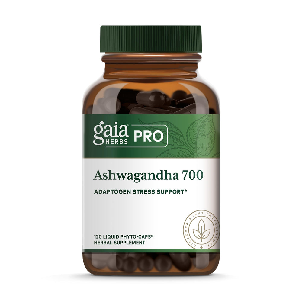 Gaia Herbs PRO Ashwagandha 700 bottle for calm focus and daily wellness.