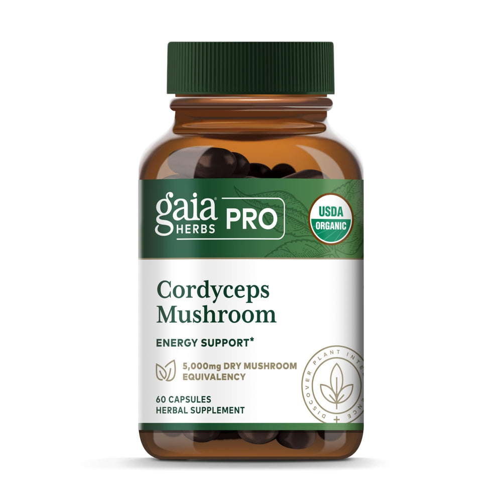 GAIA HERBS PRO Cordyceps Mushroom bottle label with 60 capsules