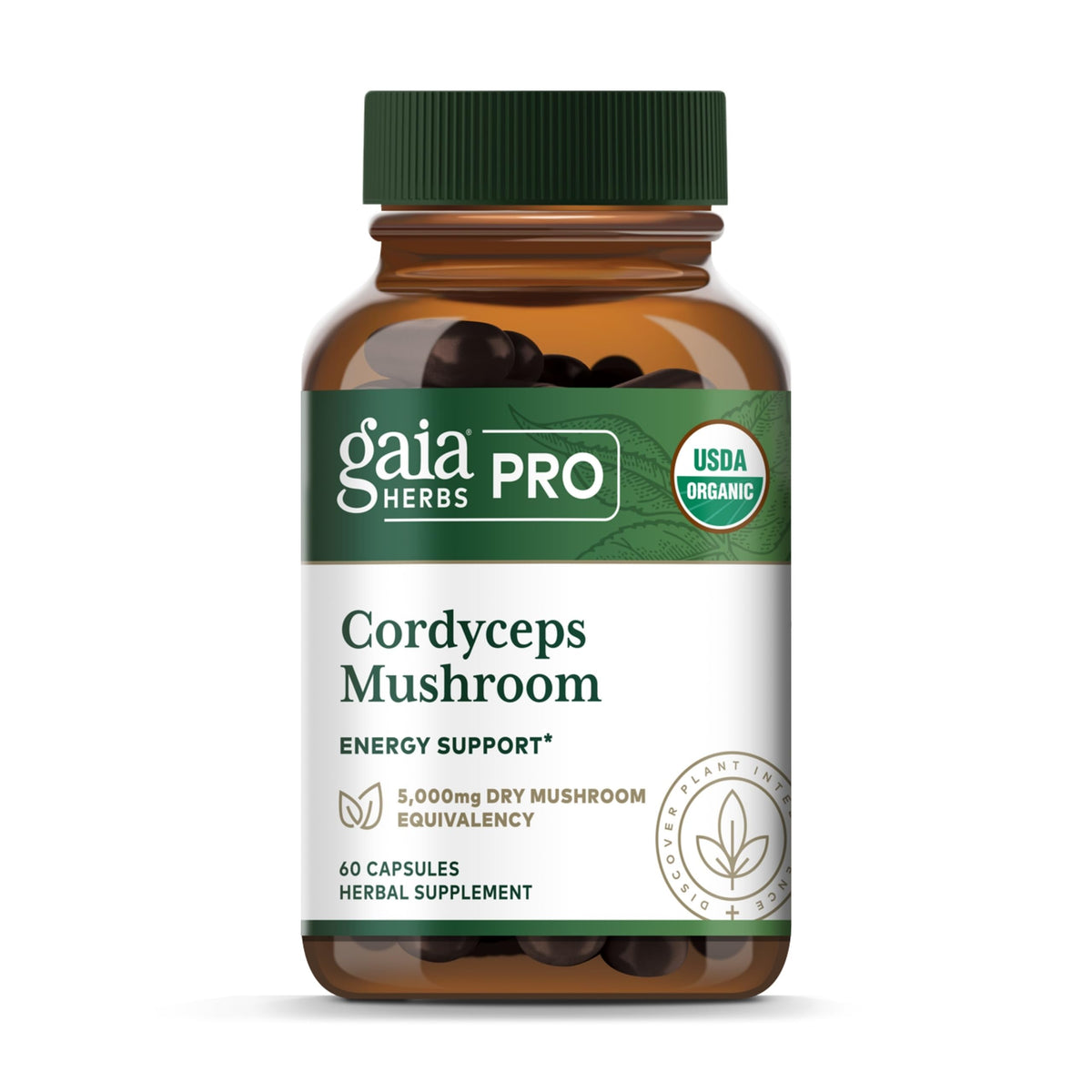 GAIA HERBS PRO Cordyceps Mushroom bottle label with 60 capsules