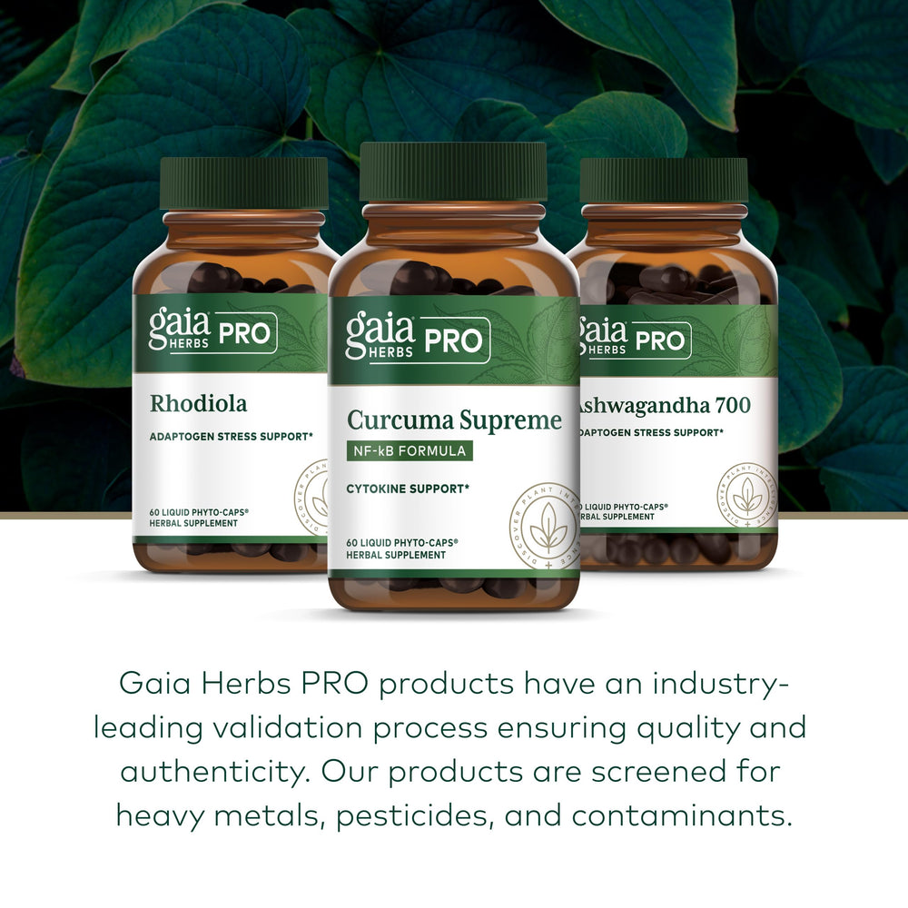 Gaia Herbs PRO bottle held in hand to show actual size and servings