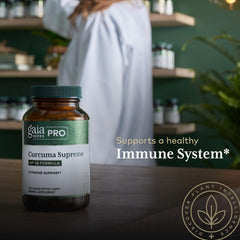 GAIA HERBS PRO bottle next to common household item to show size and serving quantity