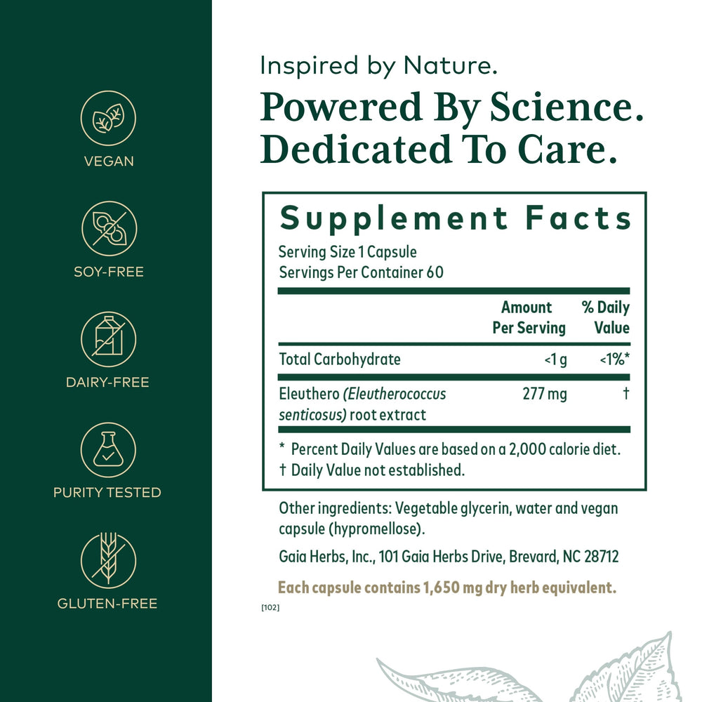 Close up of Gaia Herbs PRO Eleuthero vegan liquid phyto-capsules
