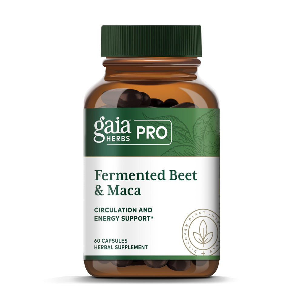 Gaia Herbs PRO Fermented Beet & Maca bottle with beets and roots illustration