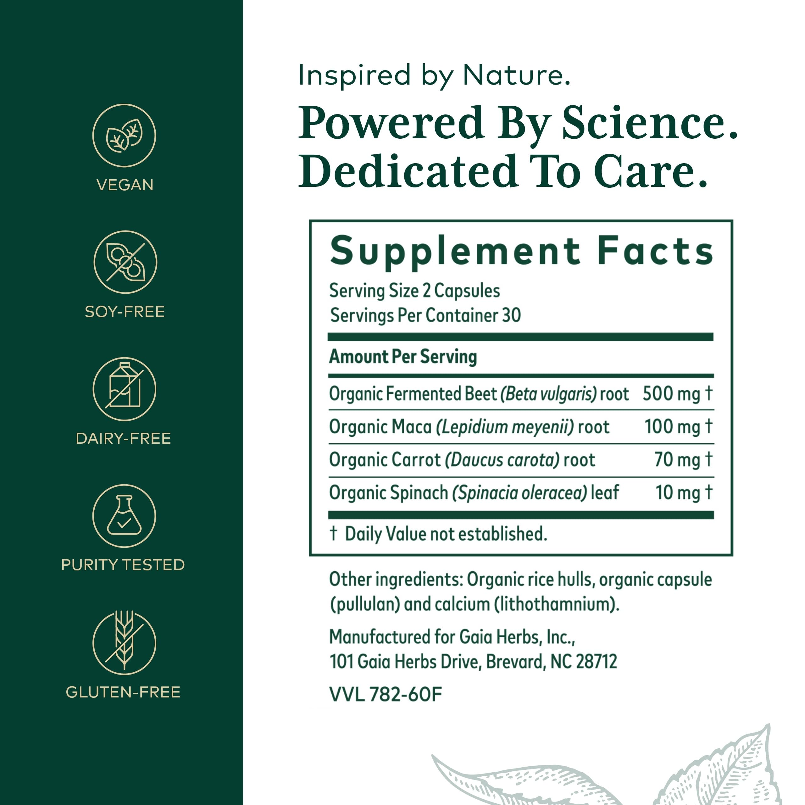 Close-up of product label highlighting beet root, maca root, carrot root and spinach