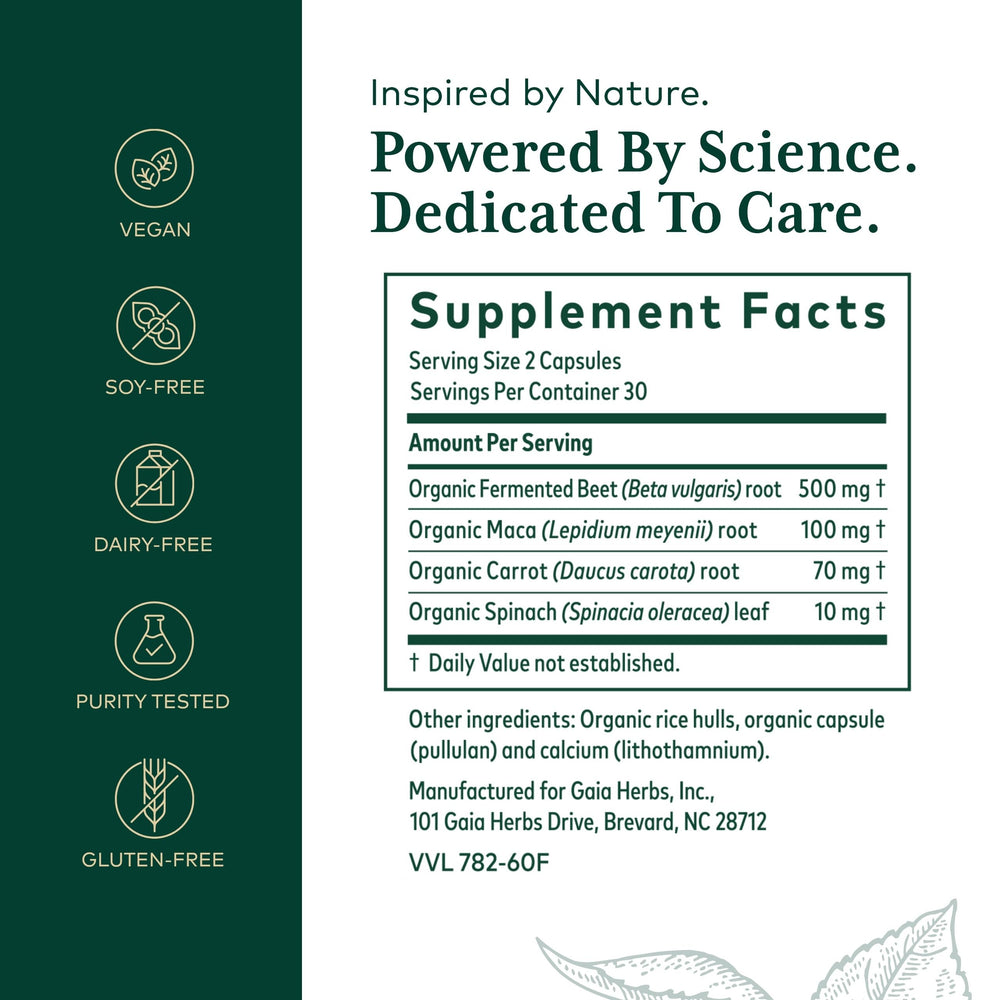 Close-up of product label highlighting beet root, maca root, carrot root and spinach