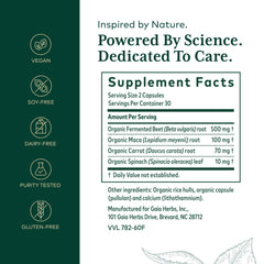 Close-up of product label highlighting beet root, maca root, carrot root and spinach