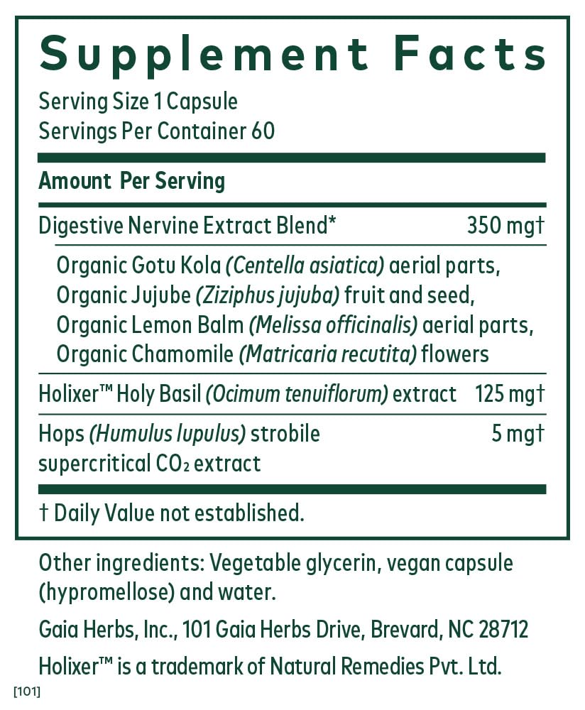 Close-up of Gaia Herbs PRO GI Stress ingredients: holy basil, gotu kola, jujube, lemon balm, chamomile