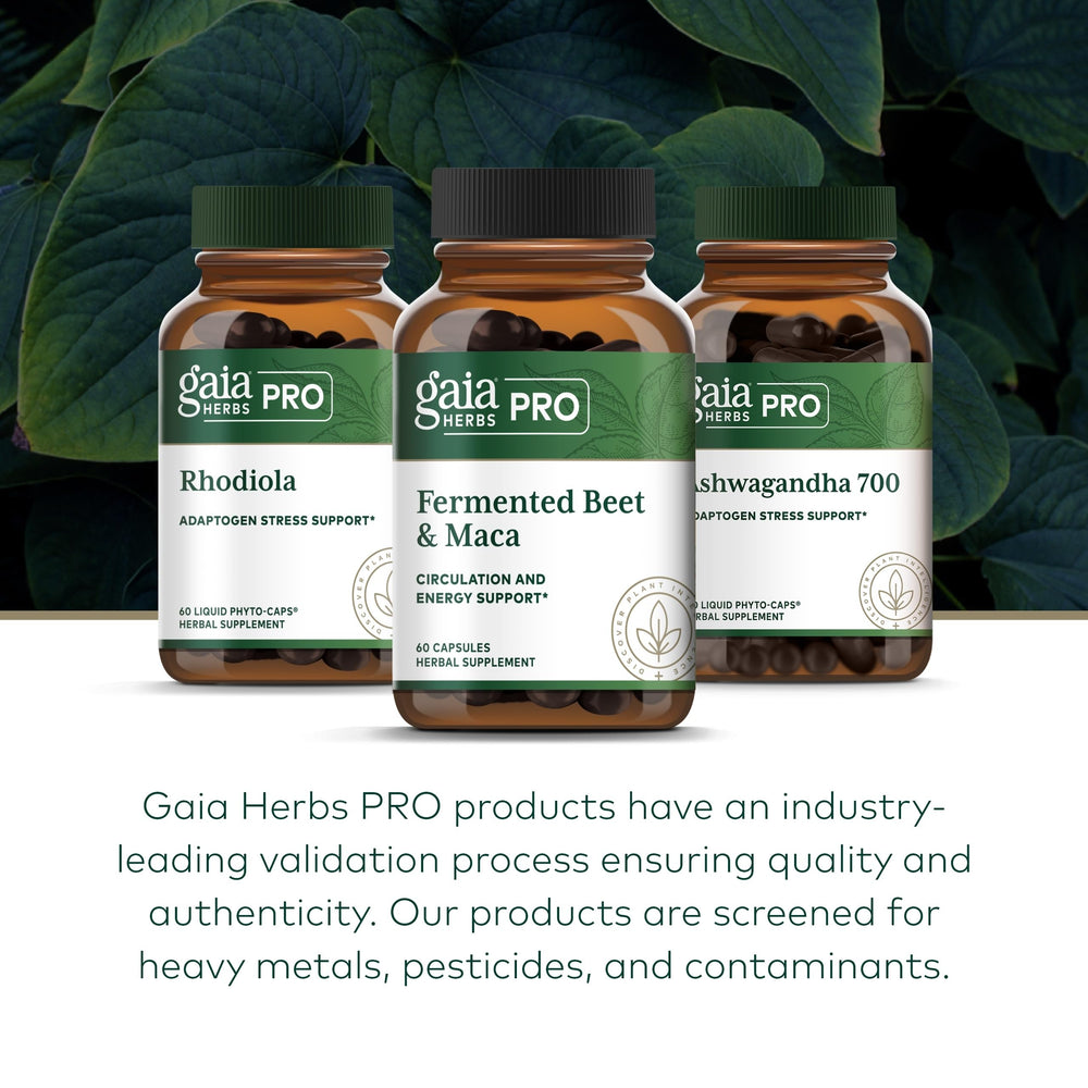 GAIA Herbs PRO label shows vegan, gluten-free, soy-free formulation.