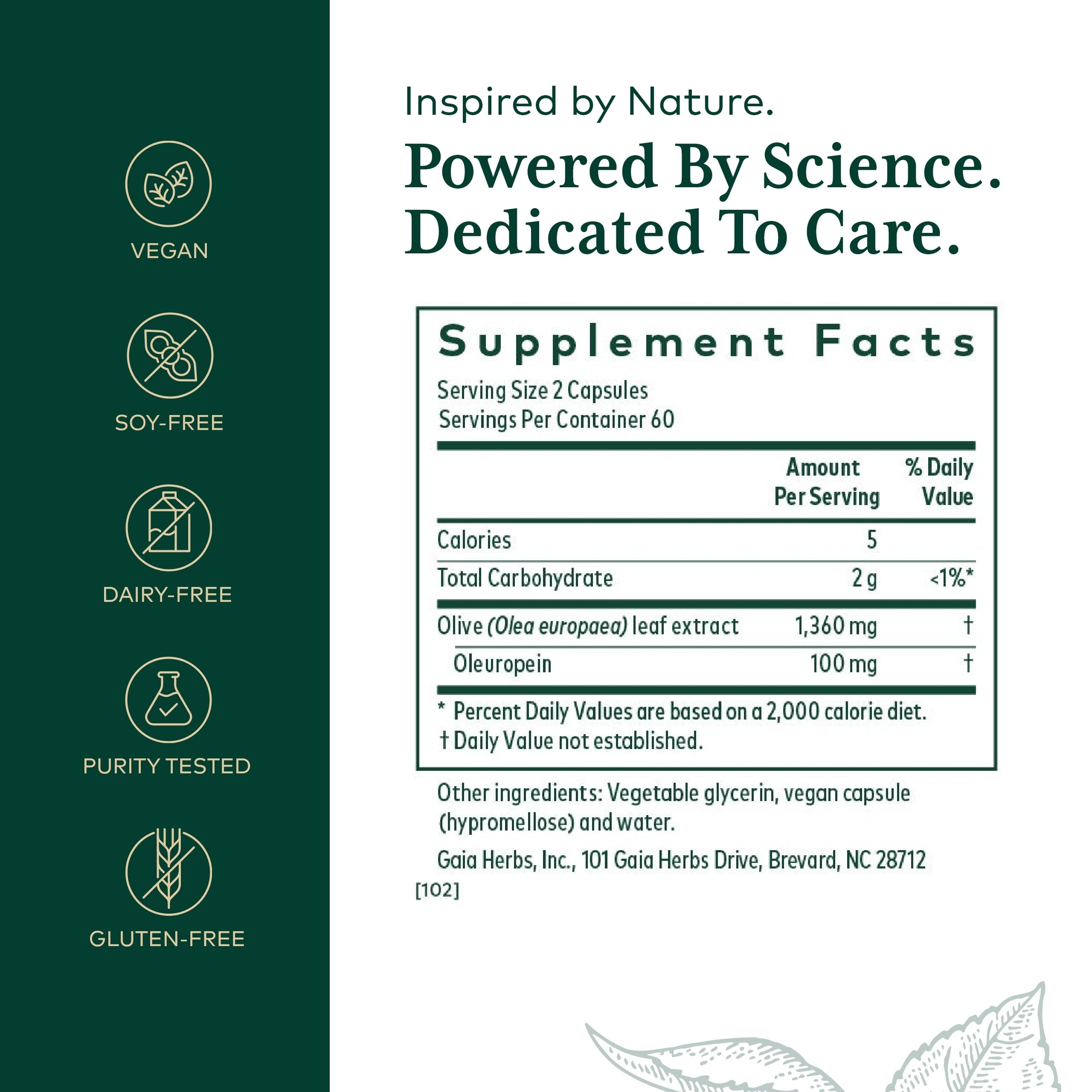 Bottle of Gaia Herbs PRO Olive Leaf 1360 capsules