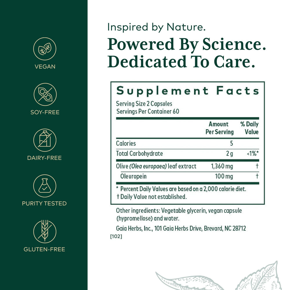Bottle of Gaia Herbs PRO Olive Leaf 1360 capsules