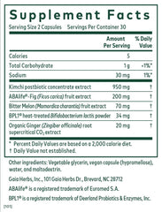 Close-up of ingredients: BPL1 postbiotic, fig, bitter melon, kimchi, and ginger