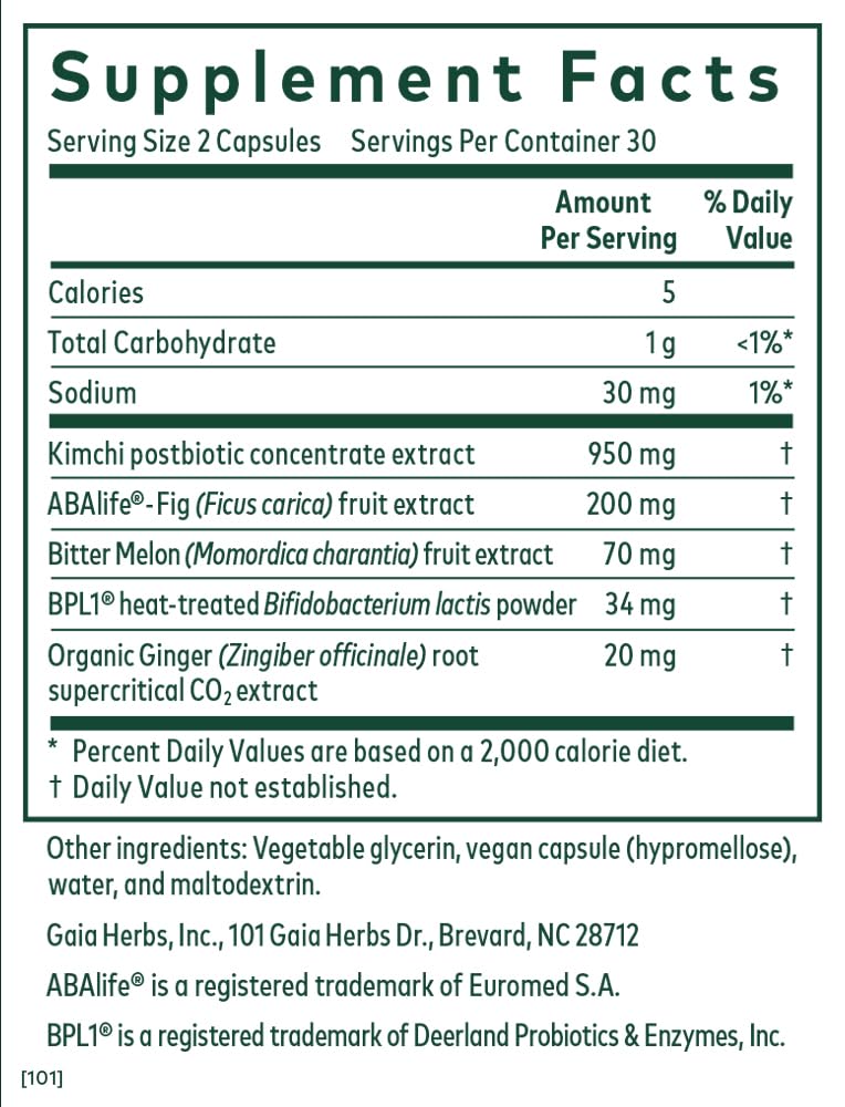 Close-up of ingredients: BPL1 postbiotic, fig, bitter melon, kimchi, and ginger