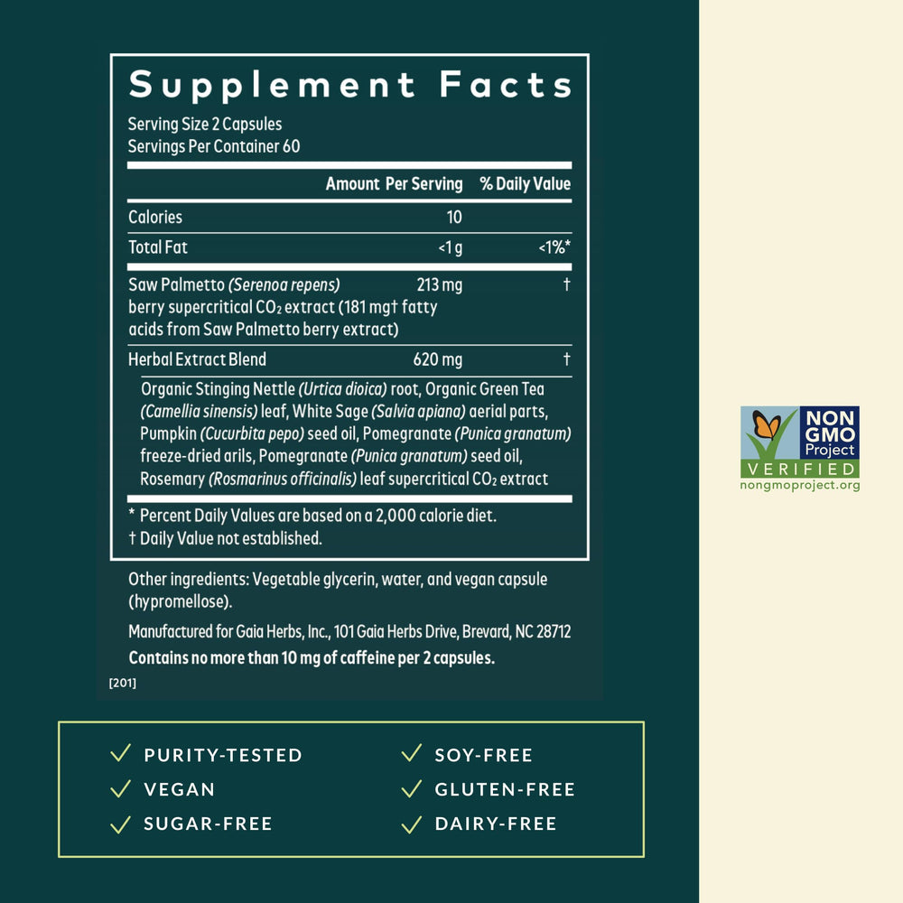 Gaia Herbs Prostate Health label and packaging reflect quality sourcing.