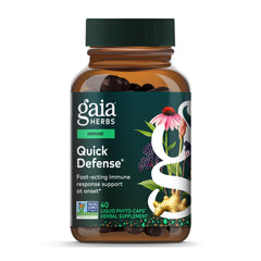 Gaia Herbs Quick Defense bottle pour showing fast immune support