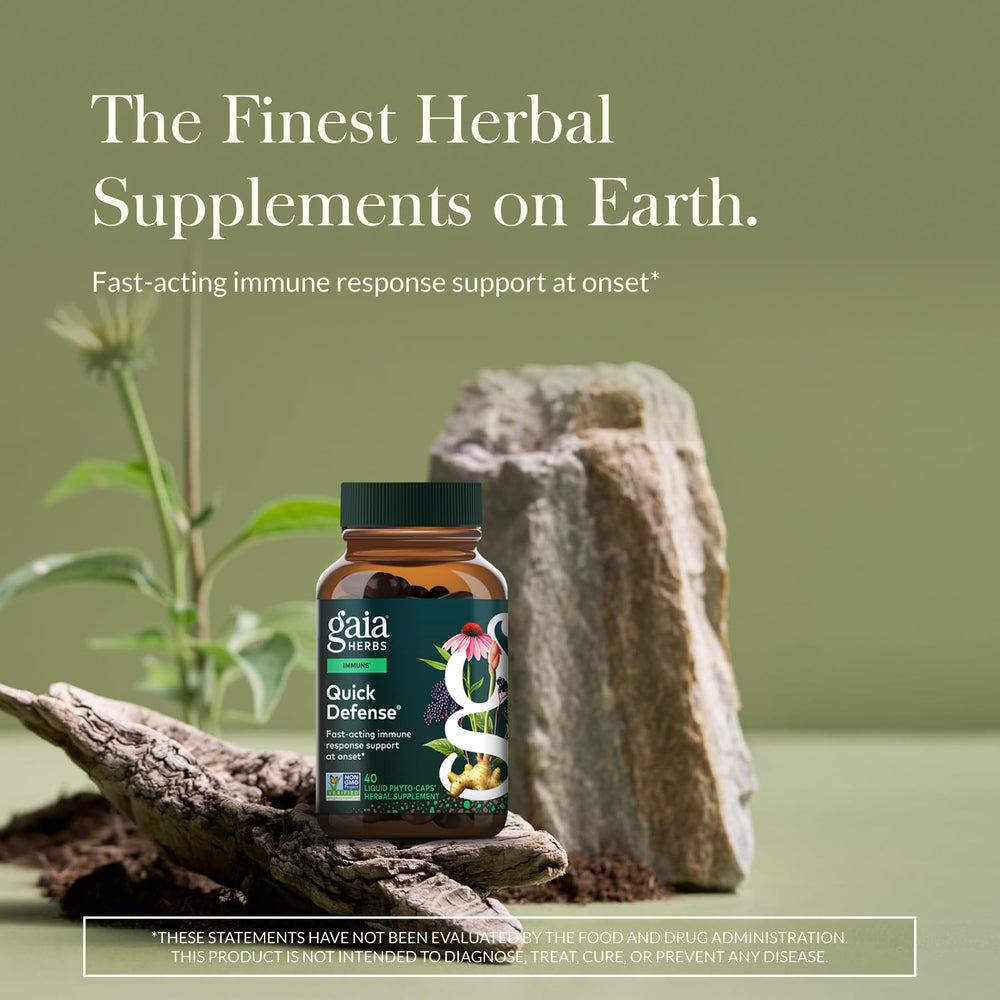 Gaia Herbs Quick Defense capsule close-up highlighting vegan phyto-caps