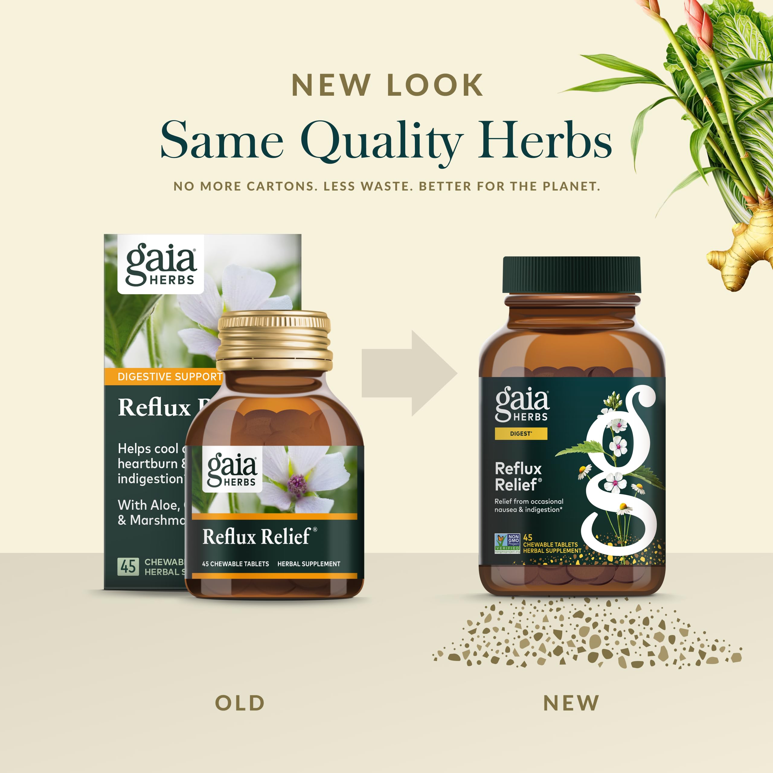 Gaia Herbs Reflux Relief vegan gluten free badge signaling purity and compatibility