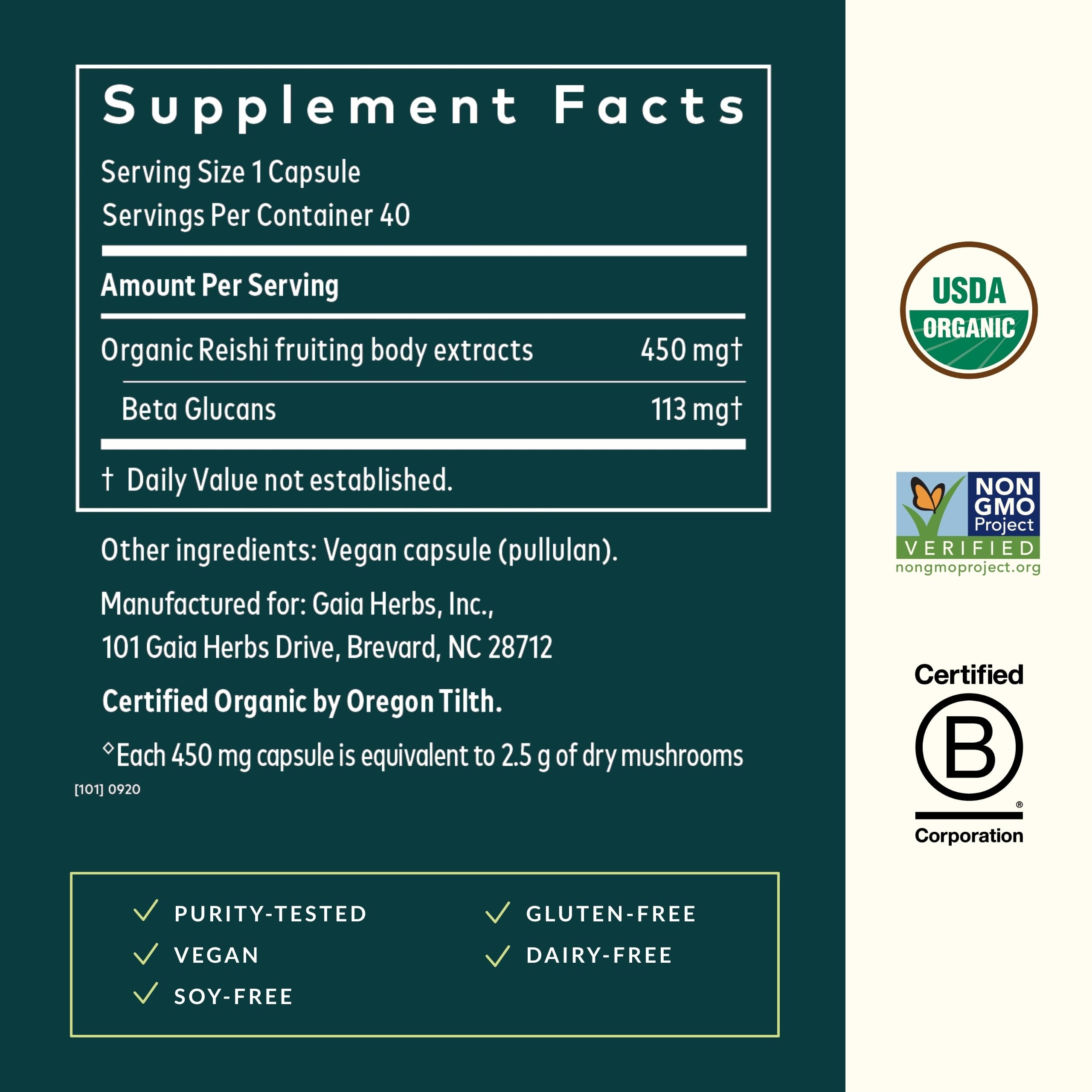 Reishi ingredients label showing 100% mushroom extract