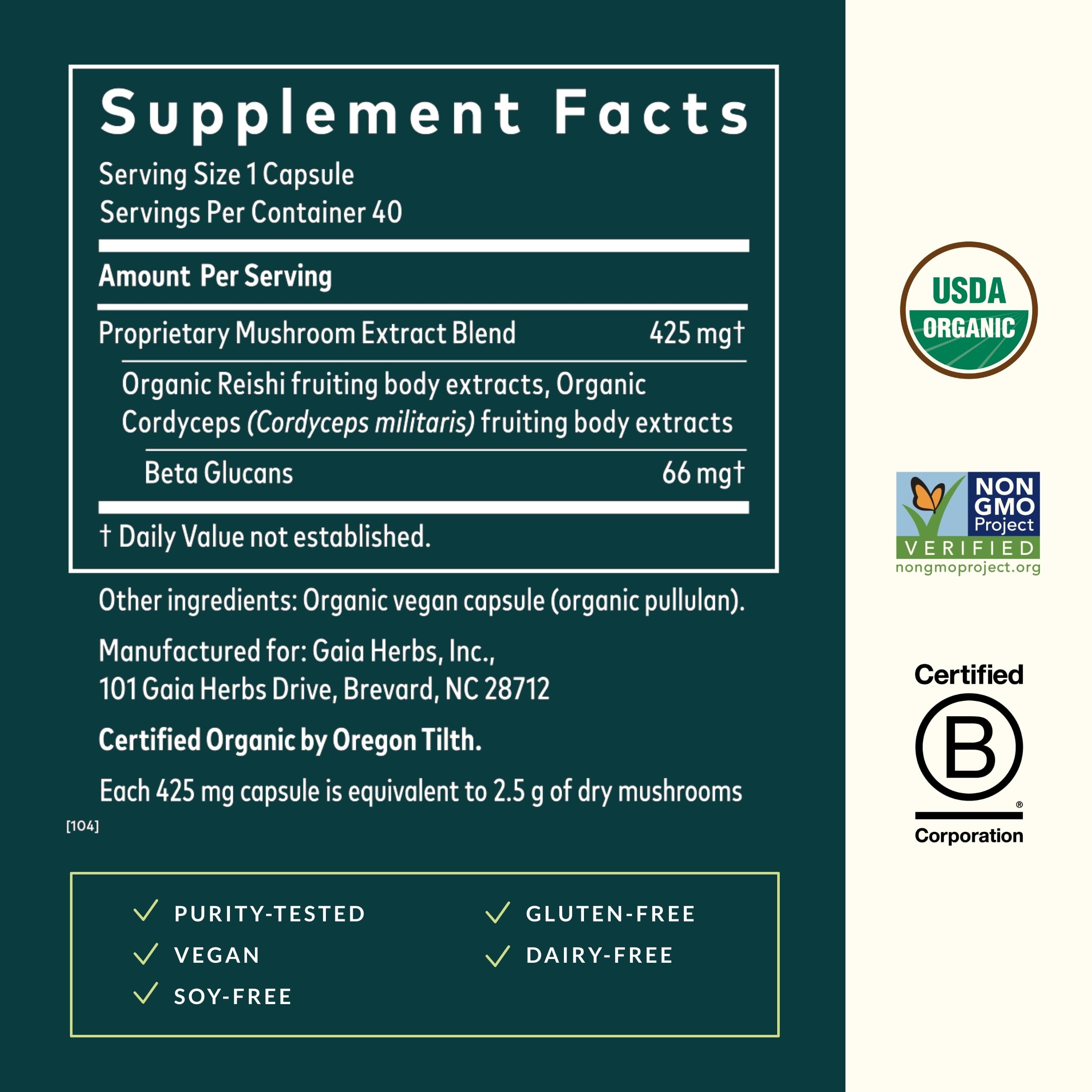 Label of Gaia Herbs Respiratory Mushroom Blend