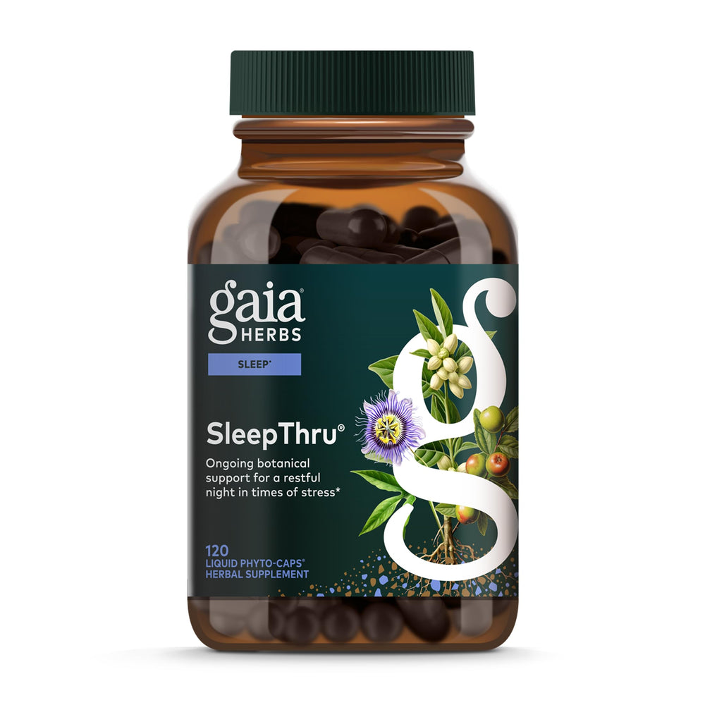 Gaia Herbs SleepThru bottle front view promotes calm nights and rested mornings.