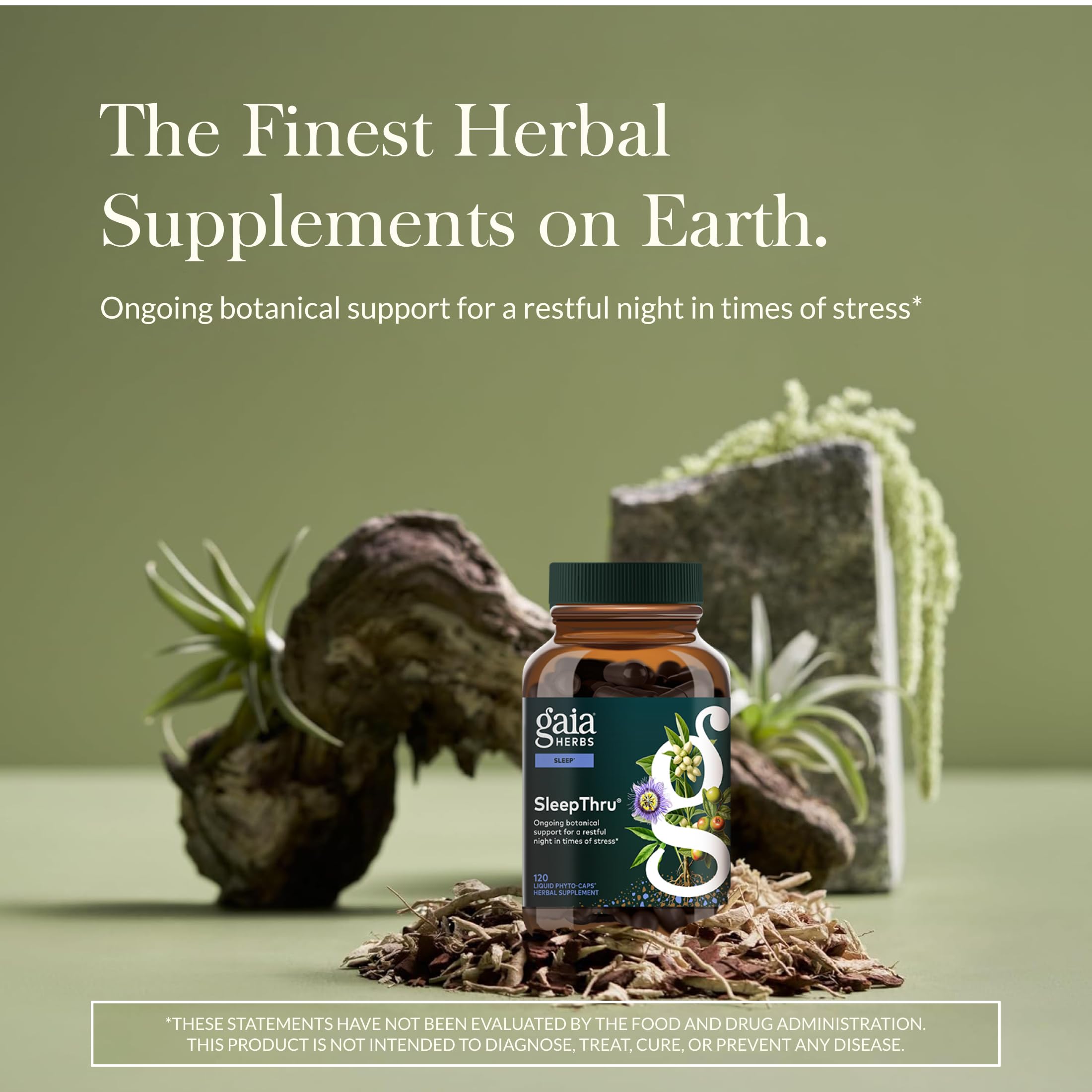 Gaia SleepThru bottle label closeup highlights herbal blend for occasional sleep support.