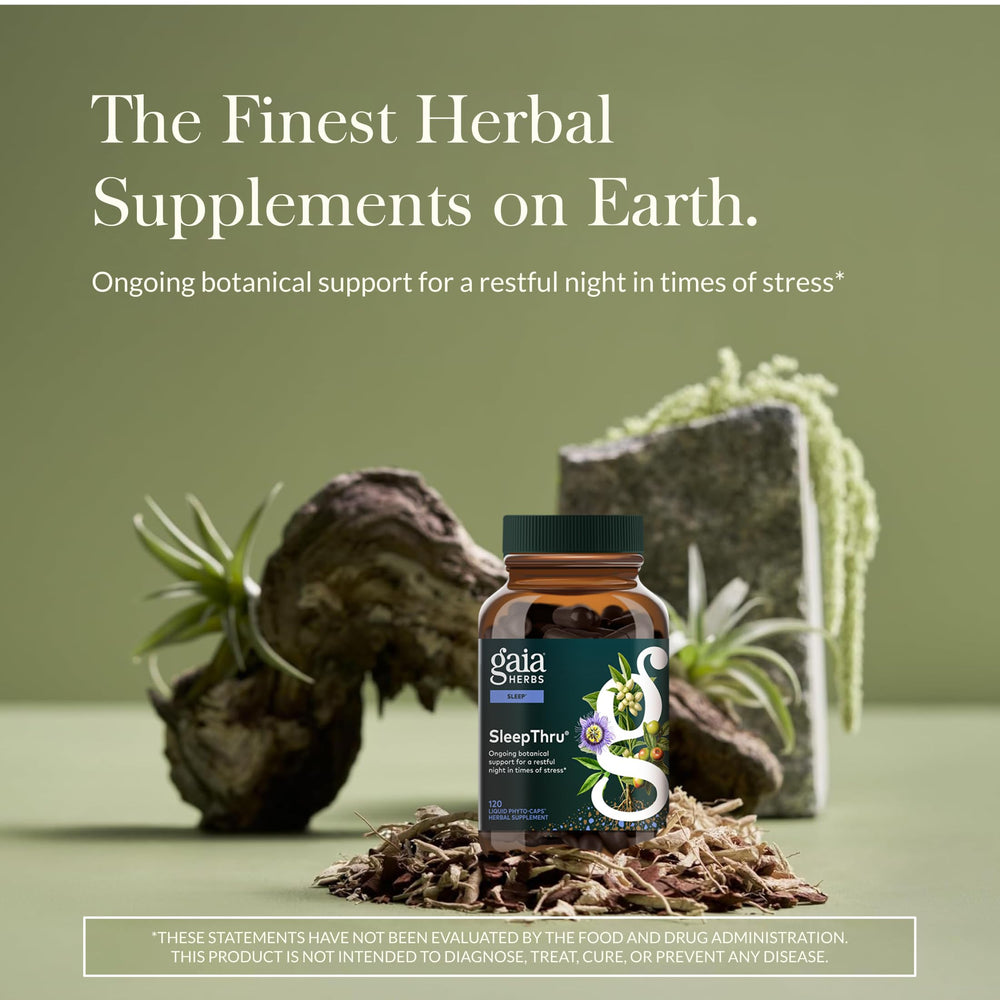Gaia SleepThru bottle label closeup highlights herbal blend for occasional sleep support.