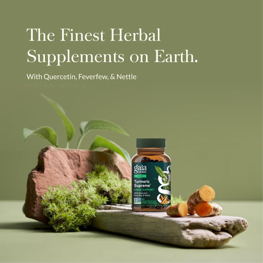 Gaia Herbs capsule close-up showing smooth vegan Phyto-Cap texture and easy swallowing