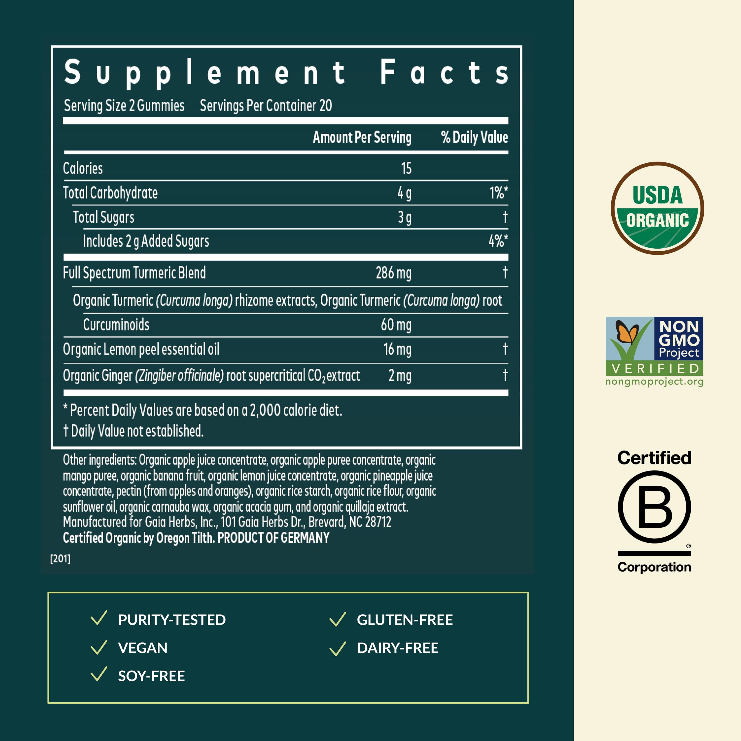 Nutrition facts for Gaia Herbs Turmeric Supreme Daily Gummies