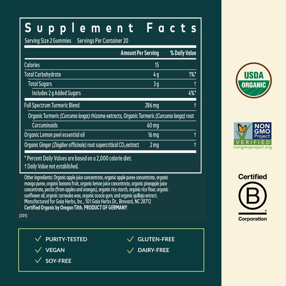 Nutrition facts for Gaia Herbs Turmeric Supreme Daily Gummies