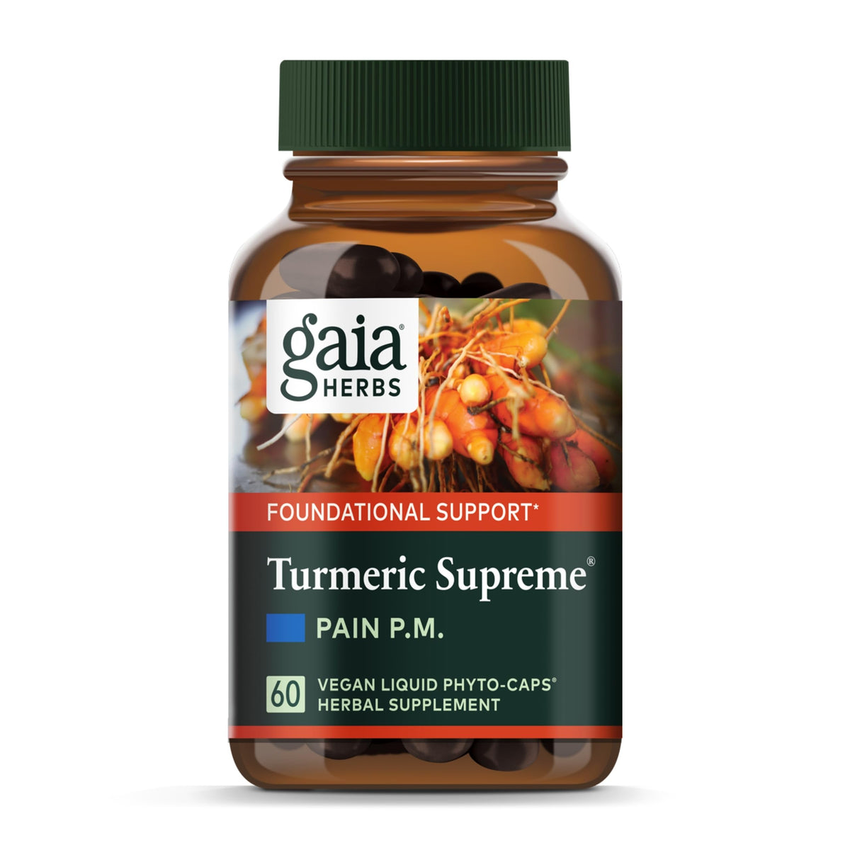Gaia Herbs Turmeric Supreme Discomfort P.M. bottle and packaging