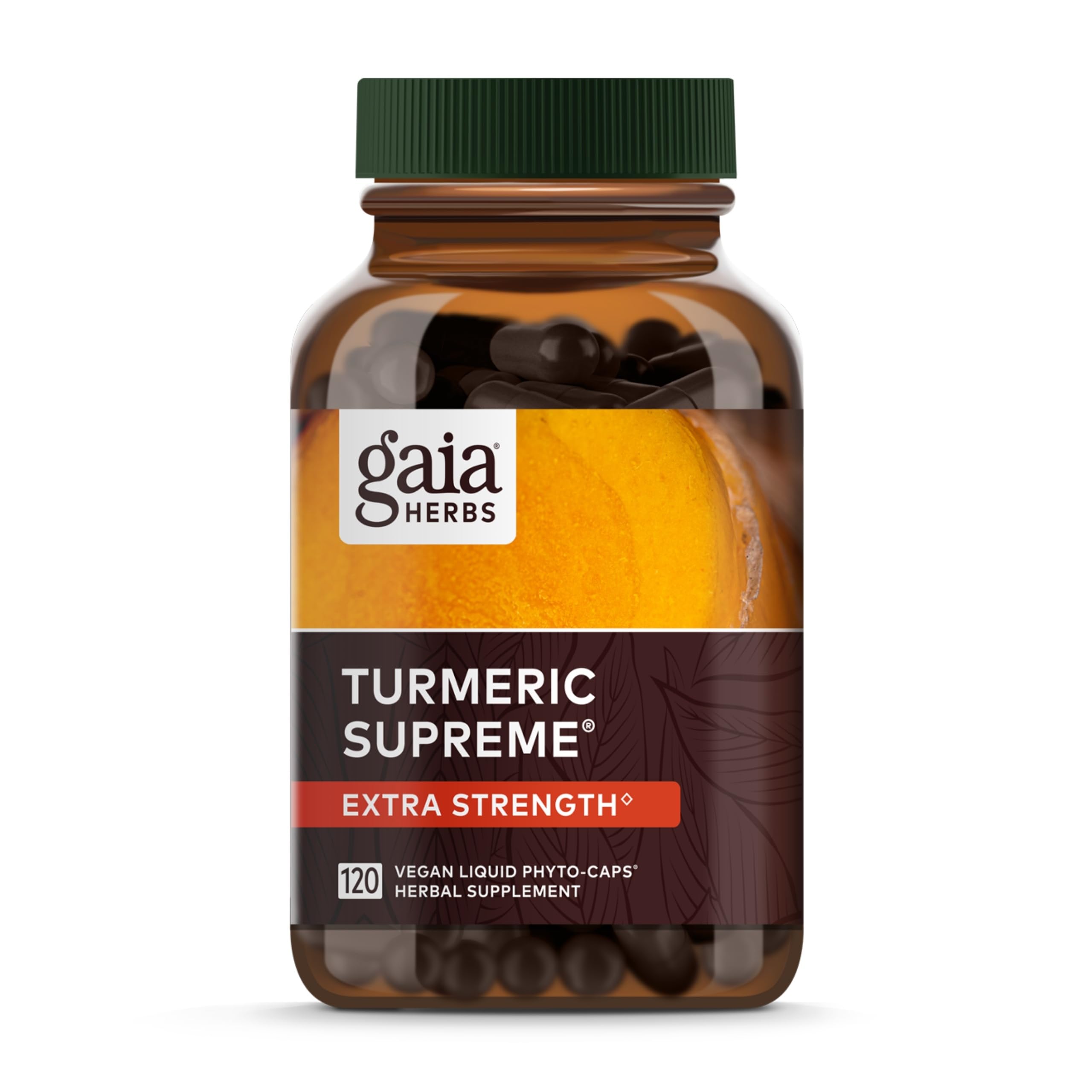 Gaia Herbs Turmeric Supreme Extra Strength bottle with 120 vegan liquid phyto-capsules.