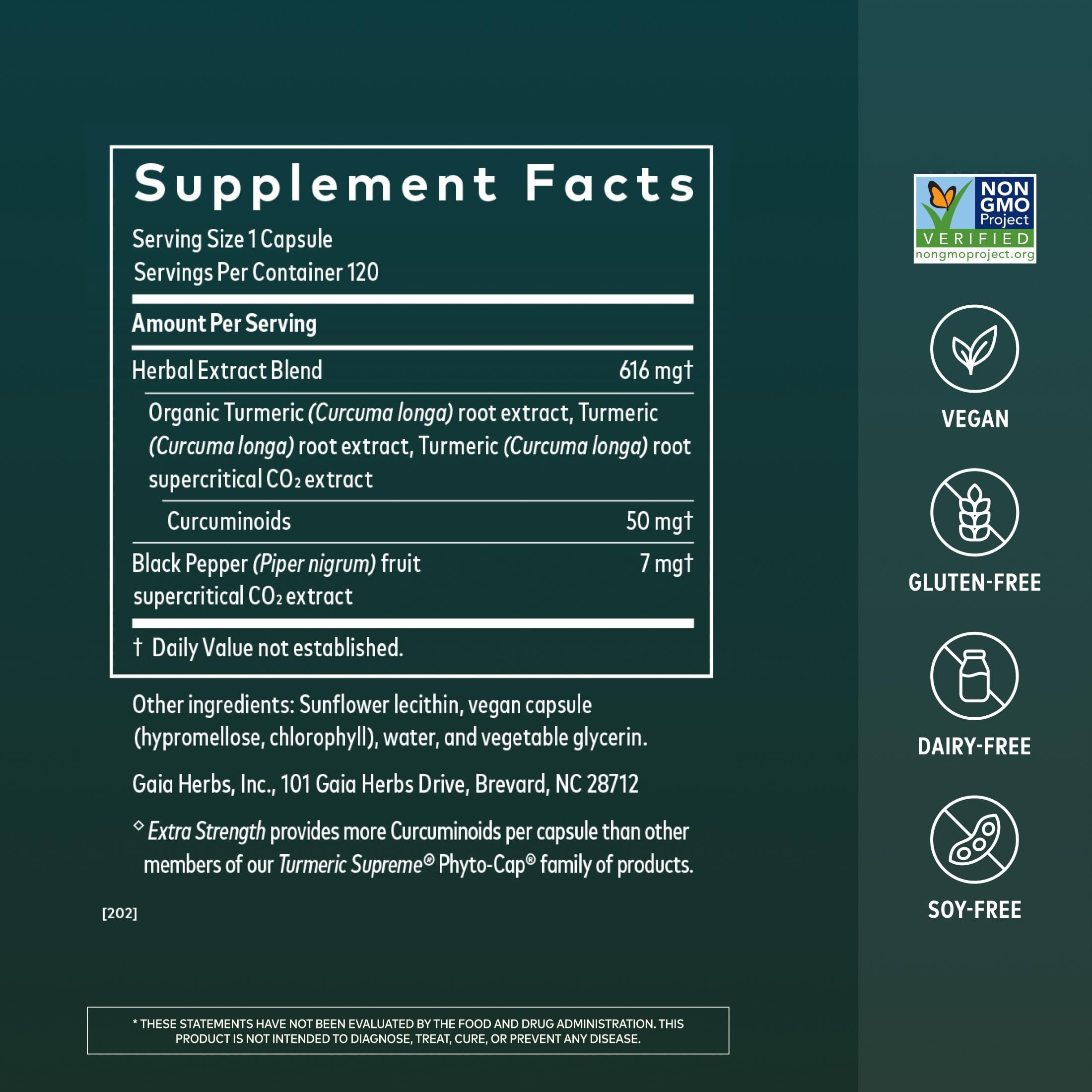 Gaia Herbs Turmeric Supreme capsules close-up highlighting curcumin with black pepper.