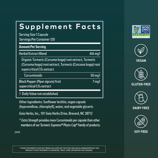 Gaia Herbs Turmeric Supreme capsules close-up highlighting curcumin with black pepper.