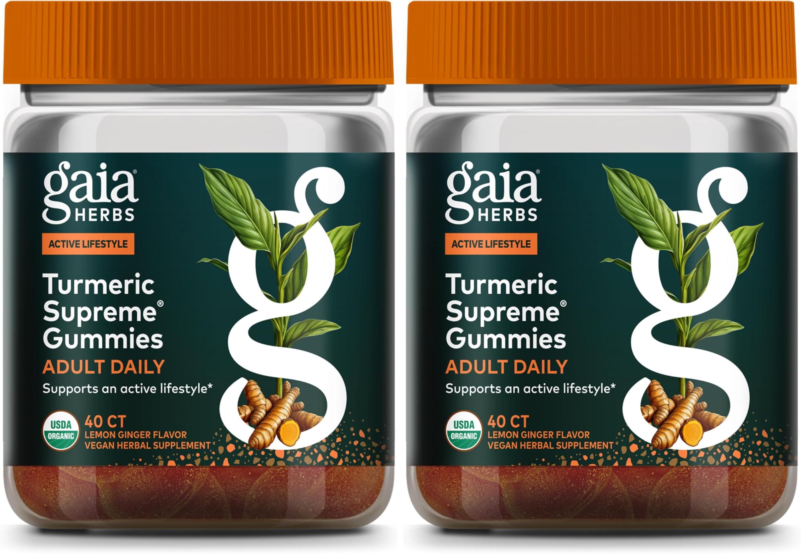 Gaia Herbs front packaging showing organic turmeric gummies and labeling benefits