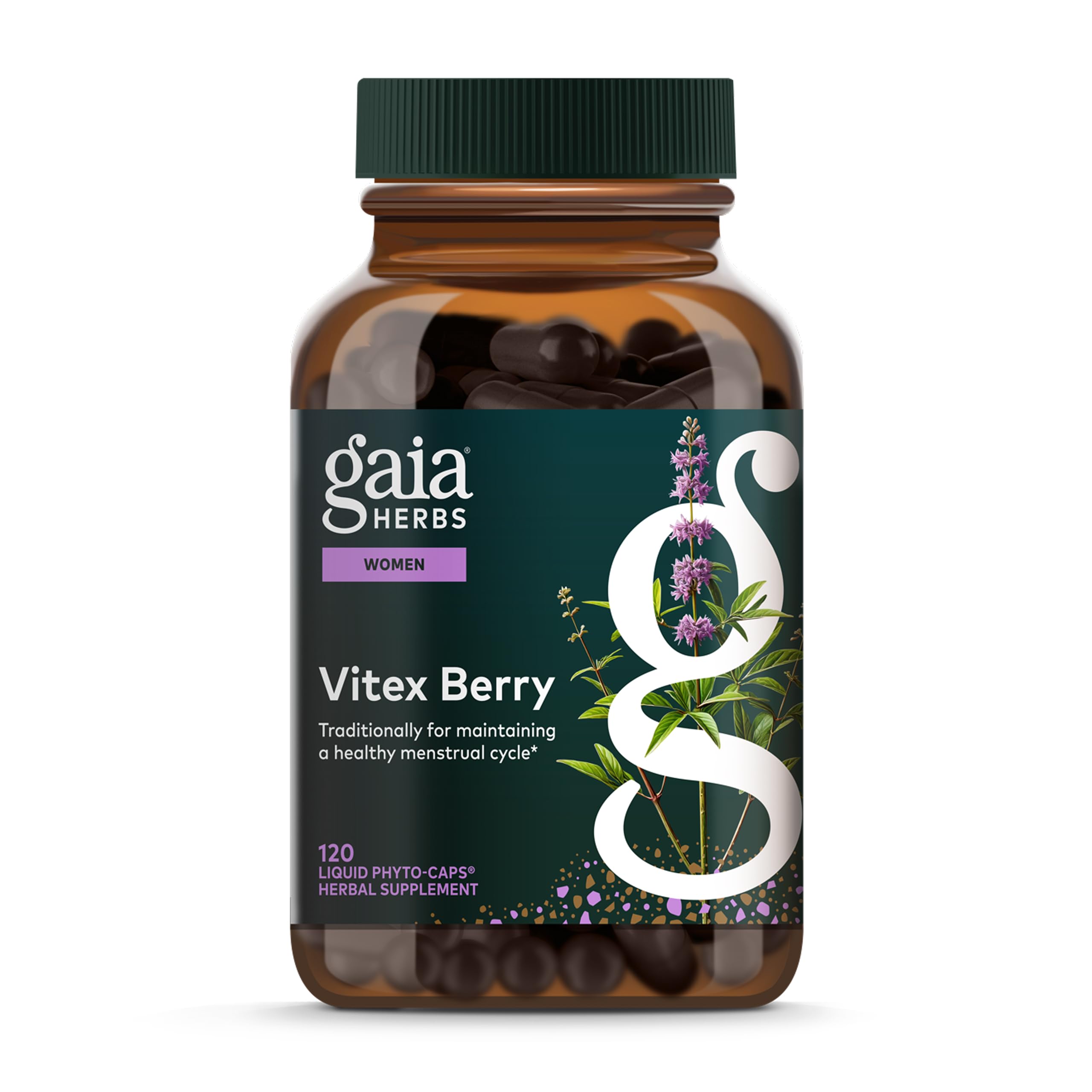 Gaia Herbs Vitex Berry bottle with 120 vegan capsules for potential hormone balance support.