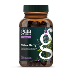 Gaia Herbs Vitex Berry bottle with 120 vegan capsules for potential hormone balance support.