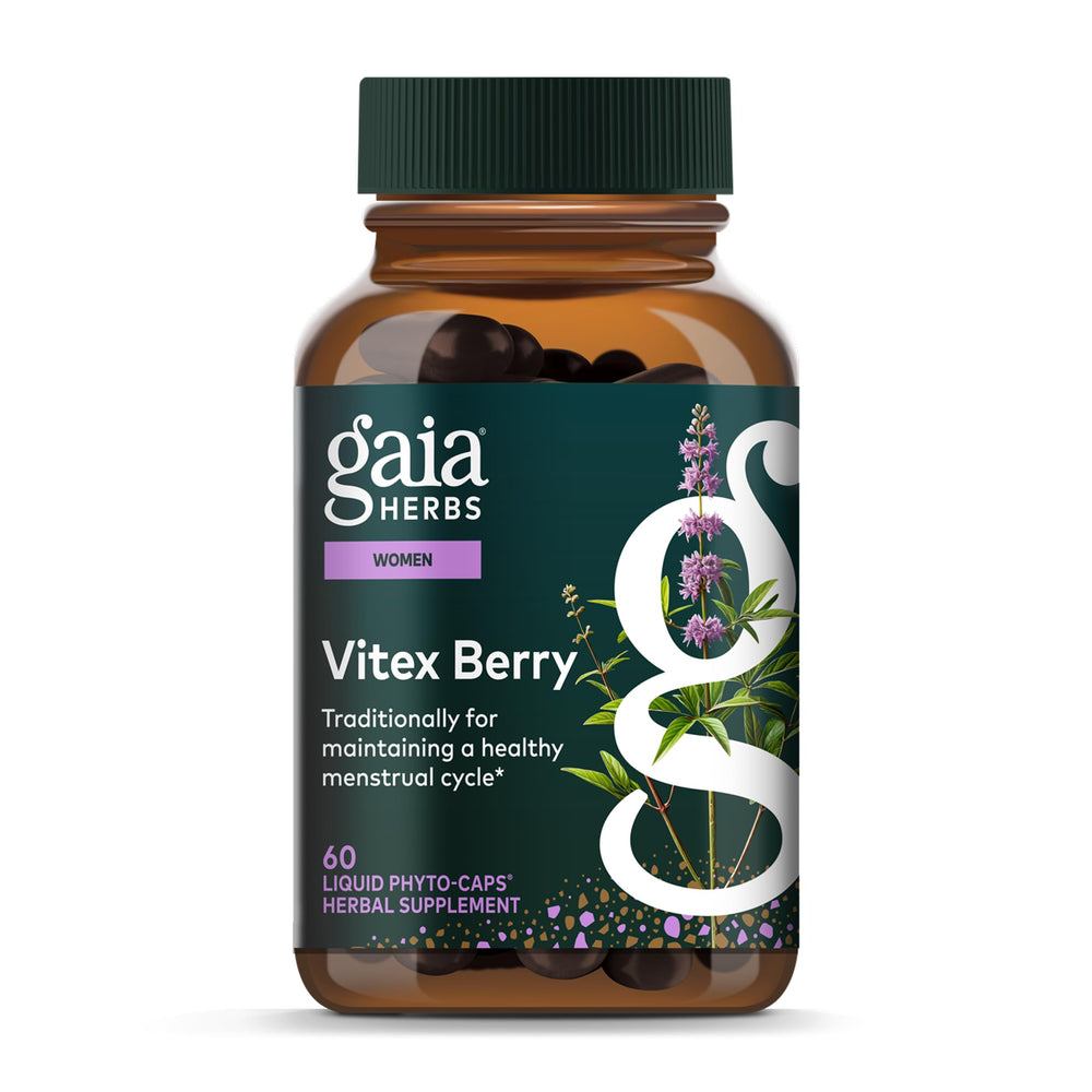 Gaia Herbs Vitex Berry bottle promotes convenient daily hormone balance support