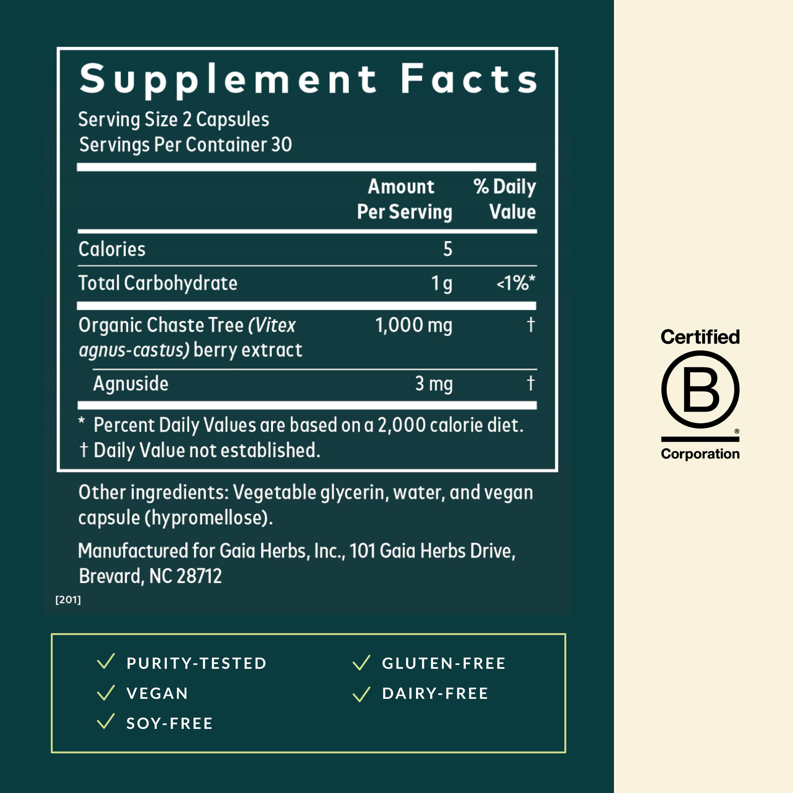 Gaia Herbs Vitex Berry label emphasizes traditional use and ingredient integrity