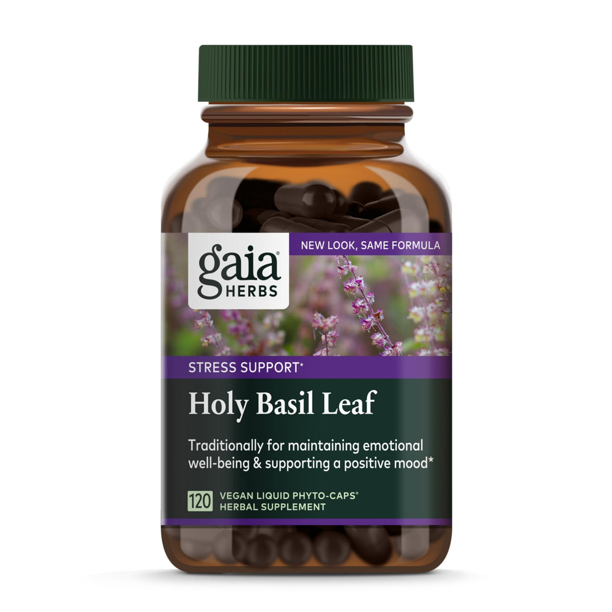 Bottle of Gaia Herbs Holy Basil Leaf with label