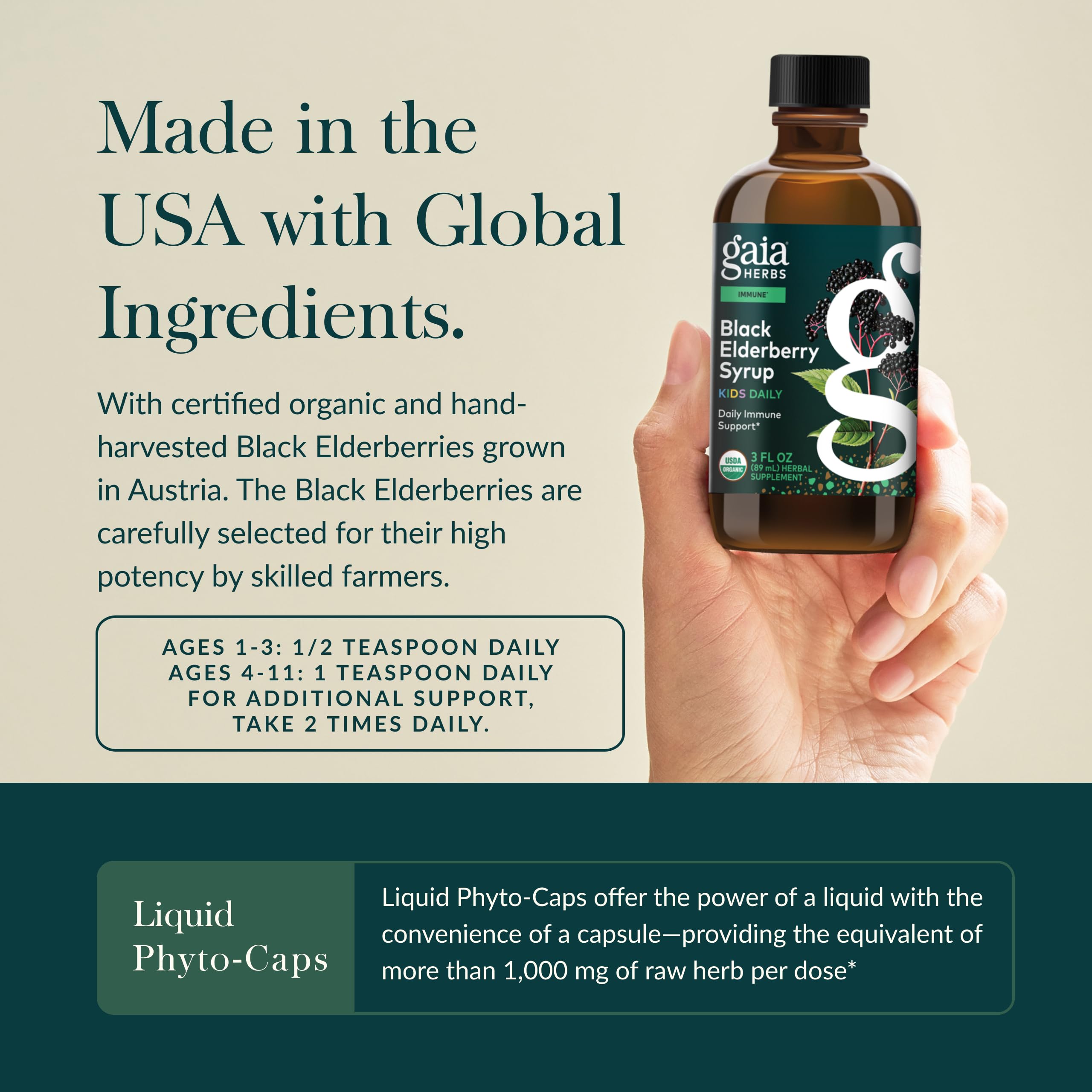 Ingredients: organic elderberries and honey for GaiaKids Syrup