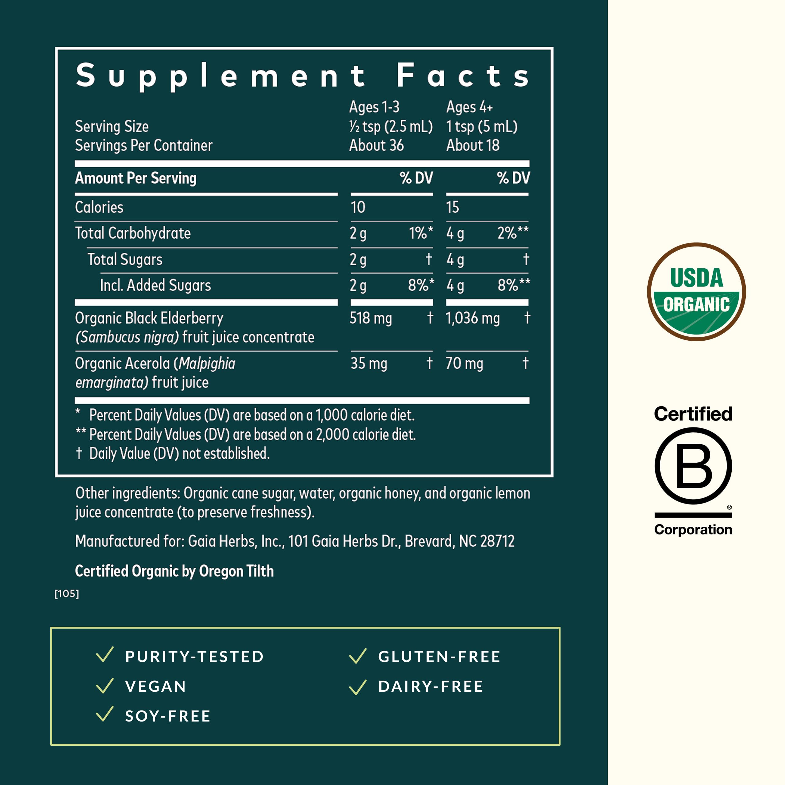 USDA Organic certification badge for GaiaKids Elderberry Syrup