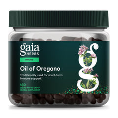 Gaia Herbs Oil of Oregano bottle with 180 vegan capsules on white background