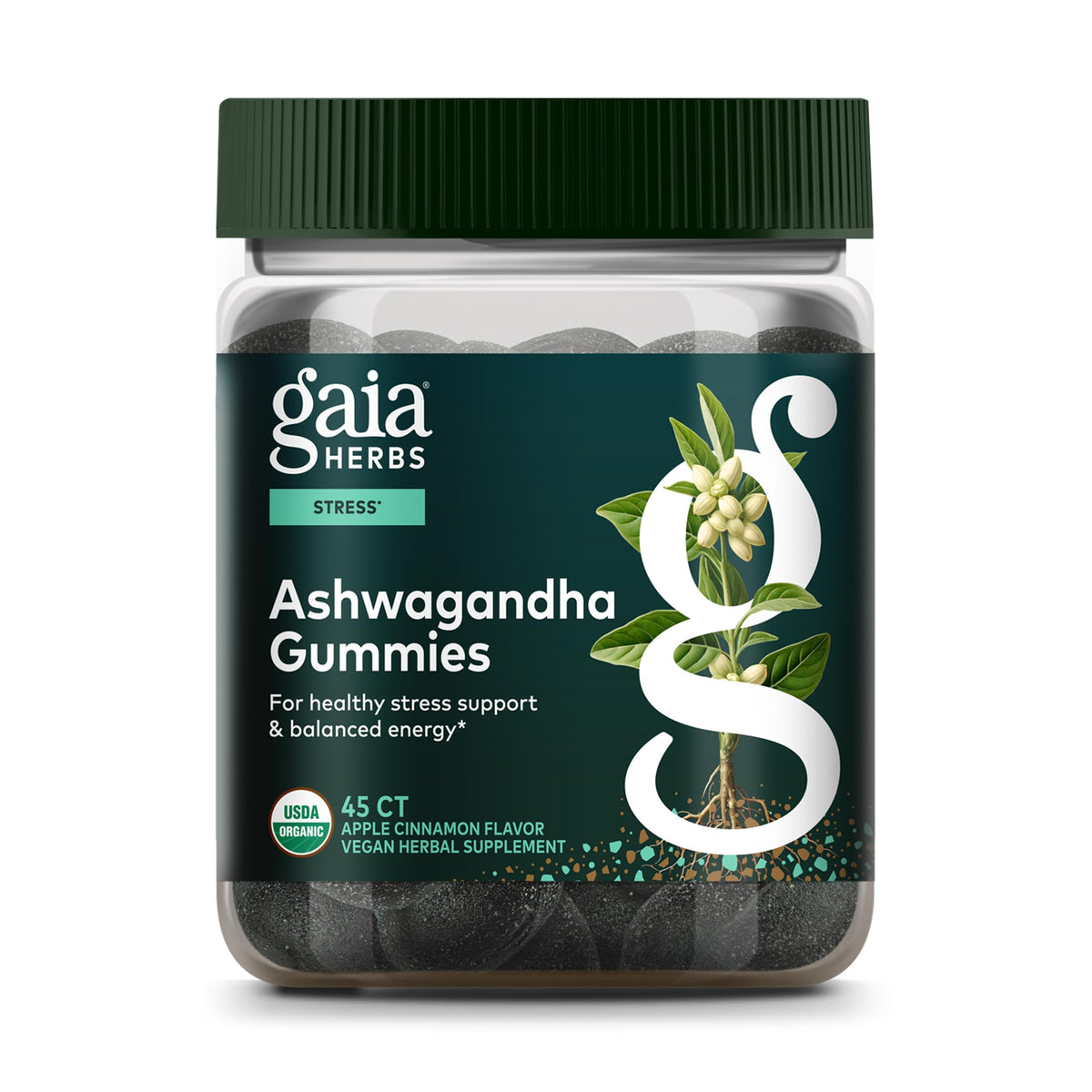 Gaia Herbs Organic Ashwagandha Gummies bottle with stress support label