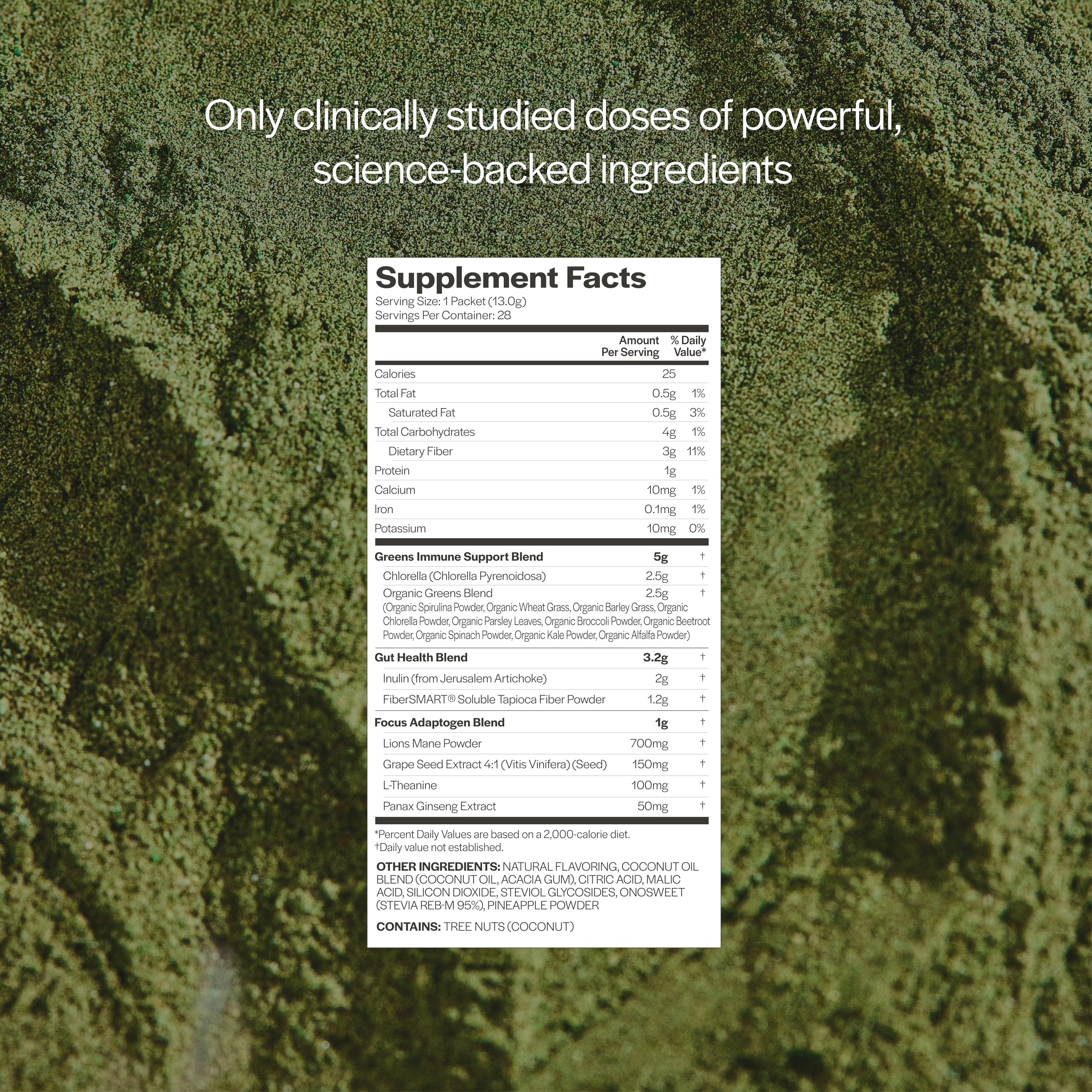 Nutrition highlights: organic greens, L-Theanine, and immune-supporting ingredients