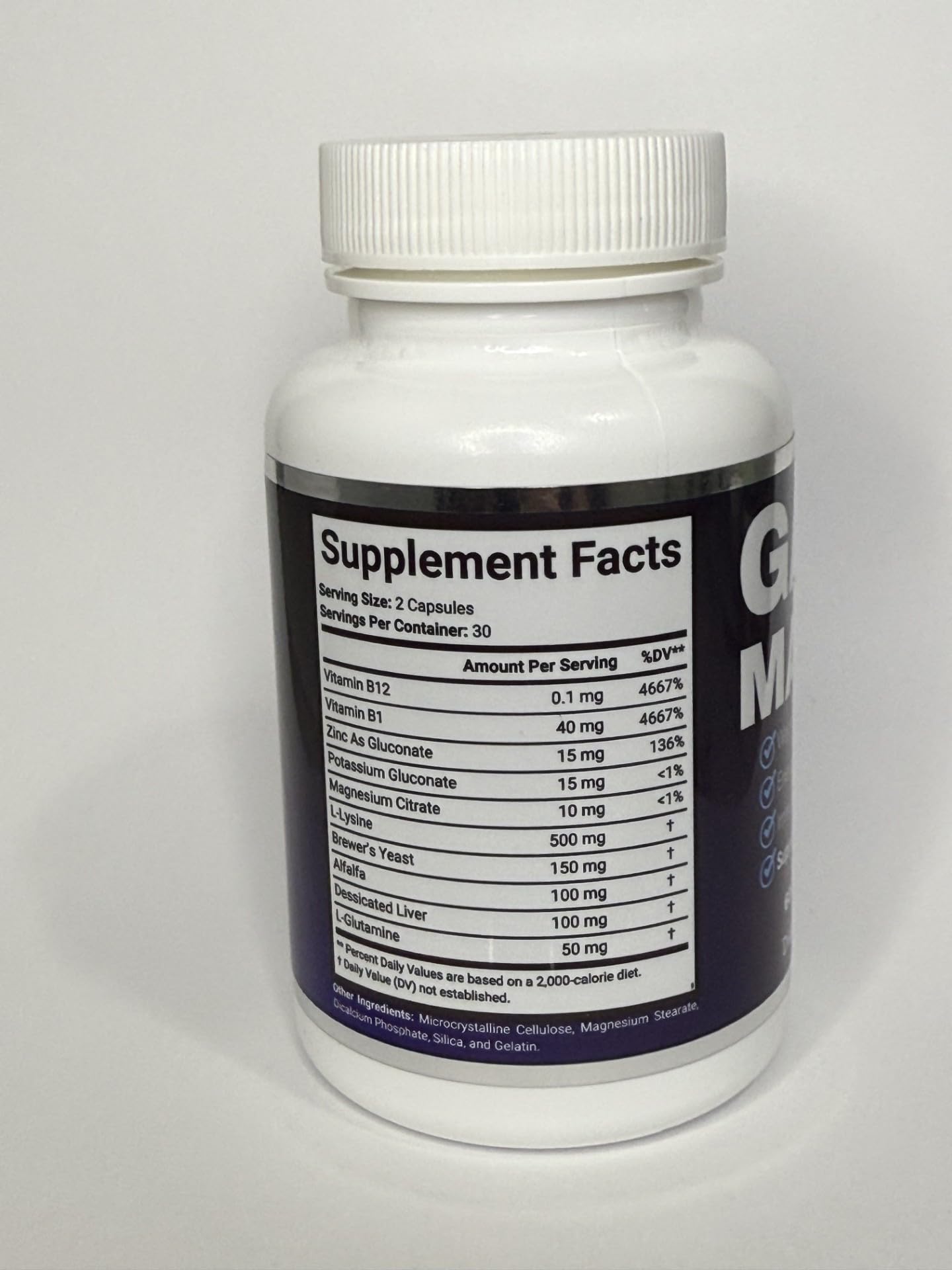 GAINMAX Weight Gain Support bottle back label and ingredients
