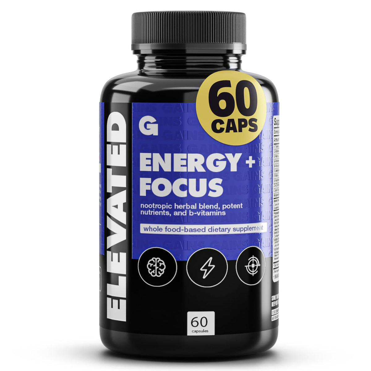 Bottle of Gains in Bulk Elevated Nootropic Herbal Energy supplement with 60 capsules